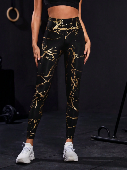 Yoga Trendy High Waisted Slim Fit Yoga Pants And Leggings With Golden Print