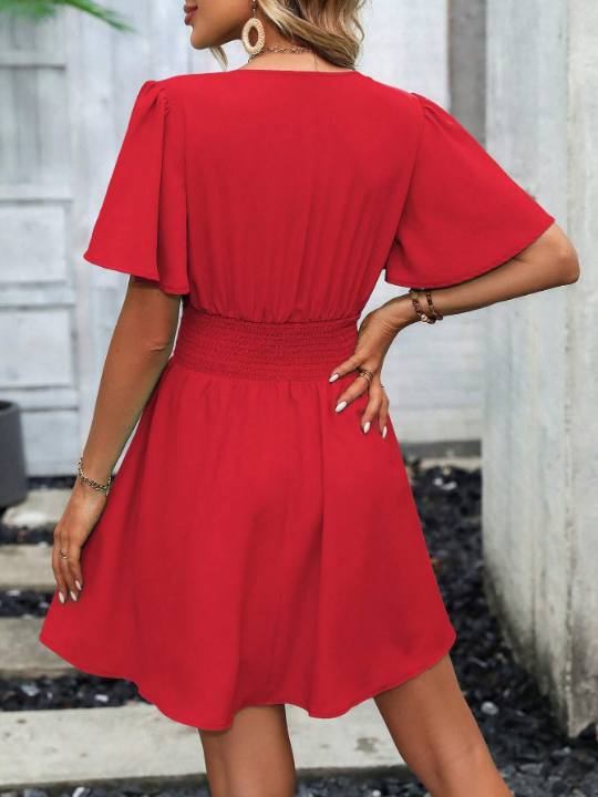 LUNE Wrap Neckline Flared Sleeve Dress