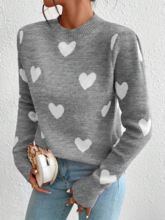 Essnce Women's Heart Pattern Round Neck Sweater