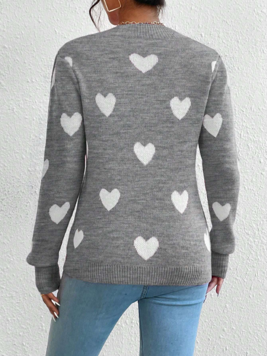 Essnce Women's Heart Pattern Round Neck Sweater