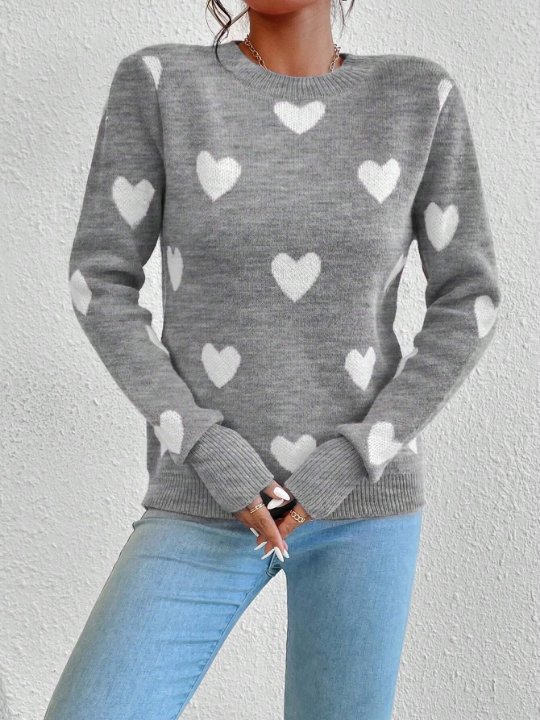 Essnce Women's Heart Pattern Round Neck Sweater