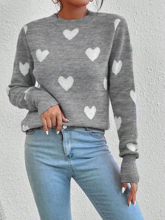 Essnce Women's Heart Pattern Round Neck Sweater