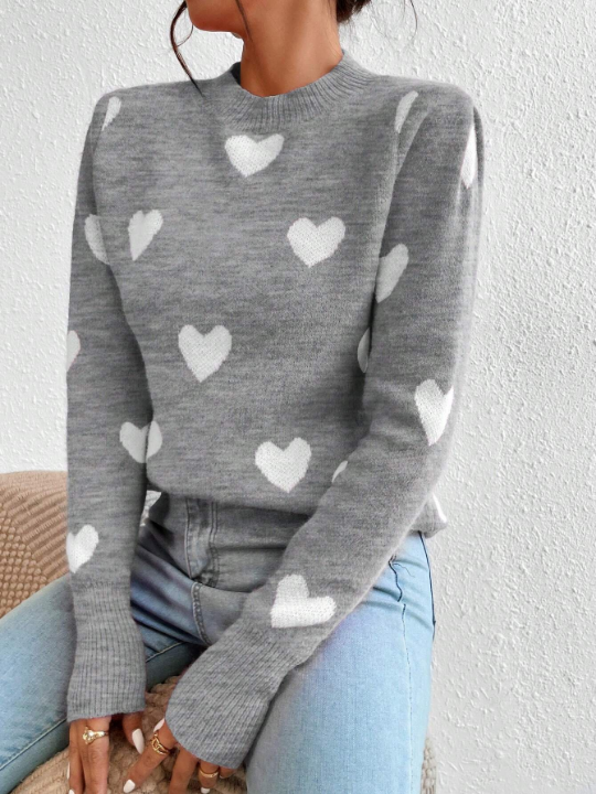 Essnce Women's Heart Pattern Round Neck Sweater