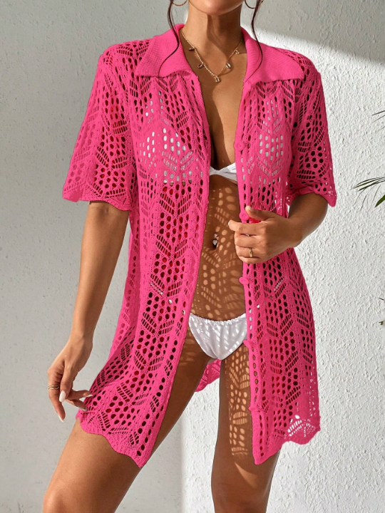 Swim Vcay 1pc Knitted Button-Up Kimono With Hollow-Out Design