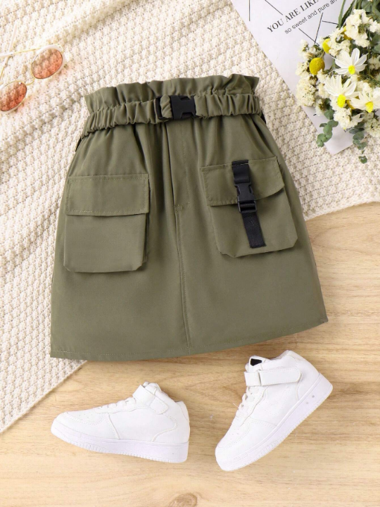 Cooltwn Kids Tween Girl Paperbag Waist Flap Pocket Buckle Detail Cargo Skirt