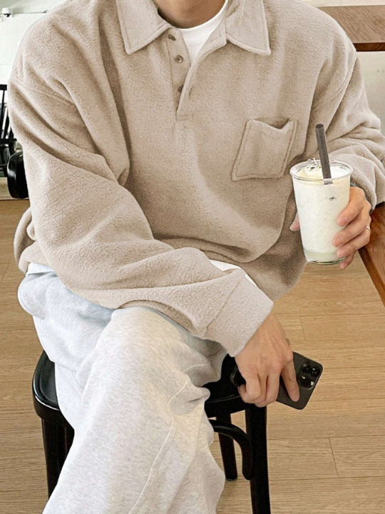 DAZY Men's Half Button Collarless Patch Pocket Sweater