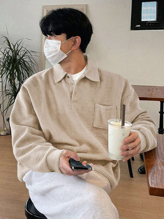 DAZY Men's Half Button Collarless Patch Pocket Sweater