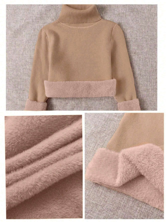 Essnce 3pcs Solid High Neck Long Sleeve Basic Brushed Fleece Lined Sweater