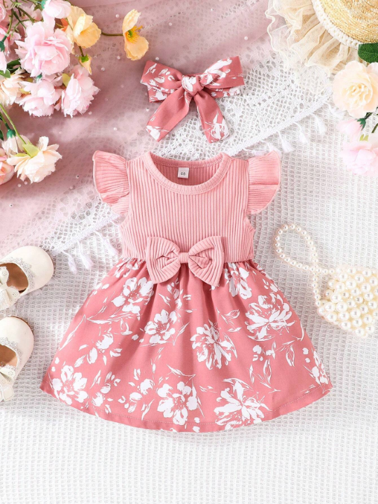 Infant Baby Girls' Summer Cute Forest Style Flying Sleeves Dress With Bowknot Headband Set