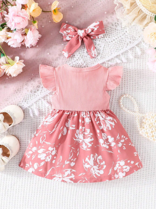 Infant Baby Girls' Summer Cute Forest Style Flying Sleeves Dress With Bowknot Headband Set