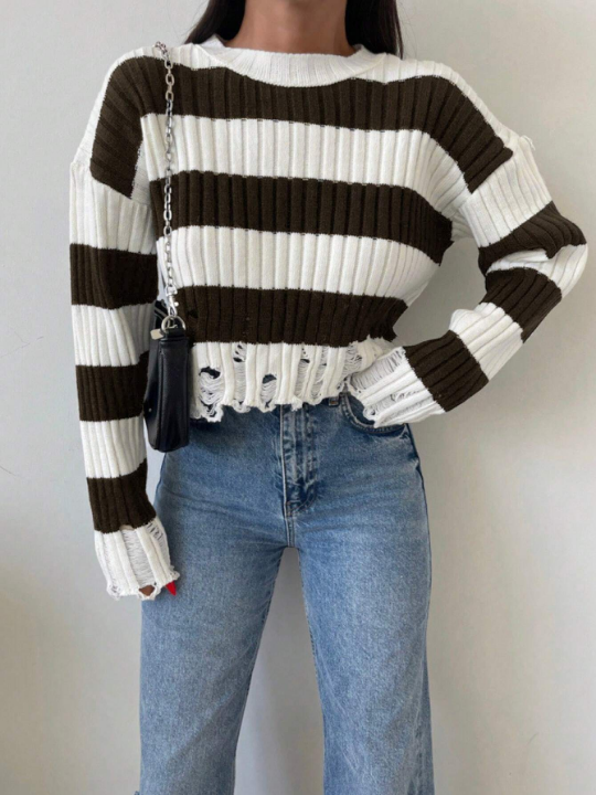 Women'S Striped Round Neck Sweater