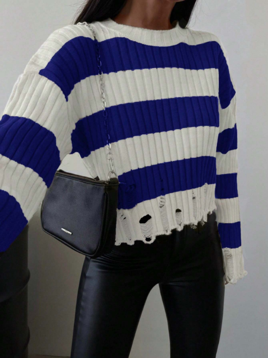 Women's Color Block Striped Distressed Loose Knitted Sweater With Drop Shoulder