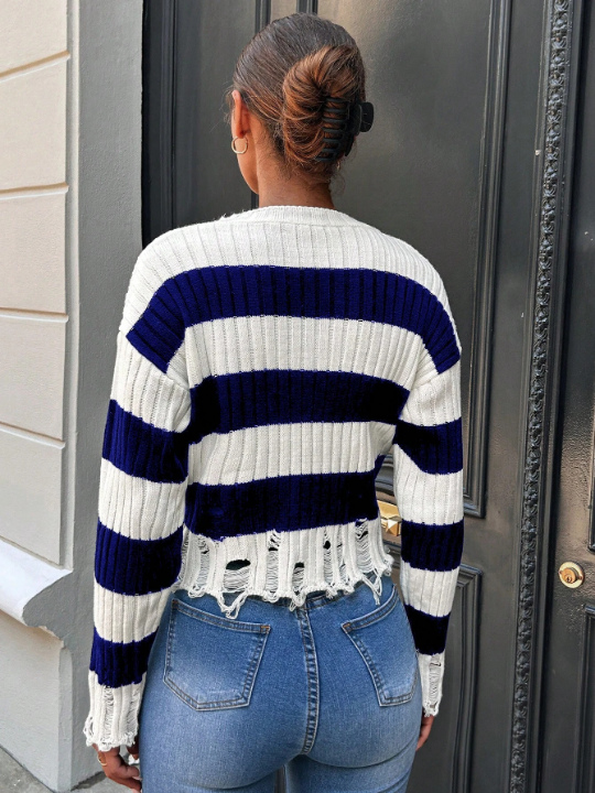 Women's Color Block Striped Distressed Loose Knitted Sweater With Drop Shoulder