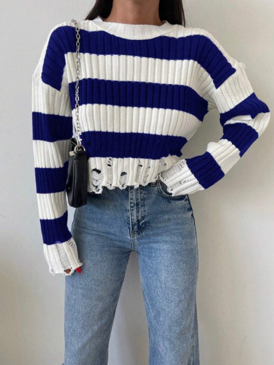 Women's Color Block Striped Distressed Loose Knitted Sweater With Drop Shoulder