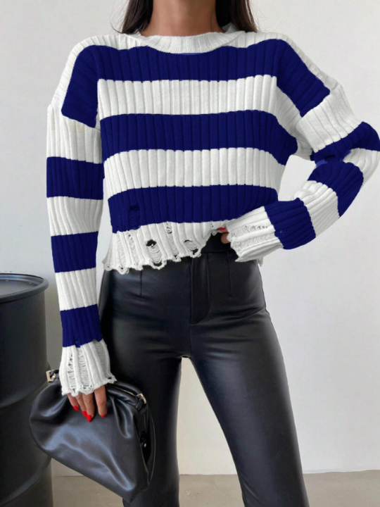 Women's Color Block Striped Distressed Loose Knitted Sweater With Drop Shoulder