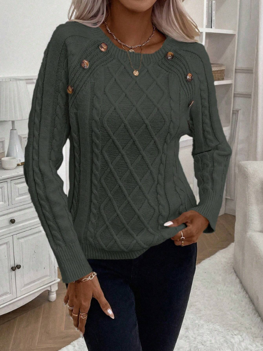 LUNE Women'S Solid Color Button Closure Raglan Sleeve Sweater