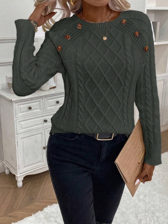 LUNE Women'S Solid Color Button Closure Raglan Sleeve Sweater