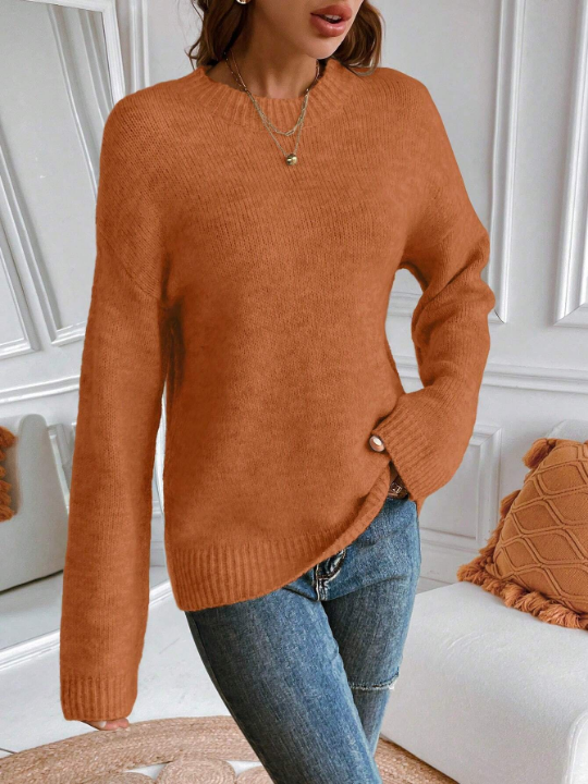 Essnce Women's Solid Colored Drop Shoulder Round Neck Sweater