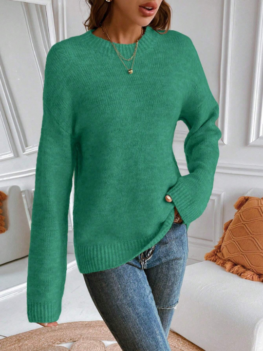 Essnce Women's Solid Color Round Neck Drop Shoulder Casual Sweater