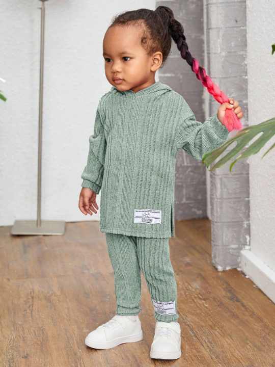 Infant Girls' Casual Knitted Patch Detail Hooded Top And Pants Set