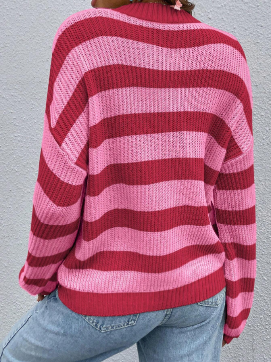 Essnce Women's Striped Round Neck Drop Shoulder Sweater