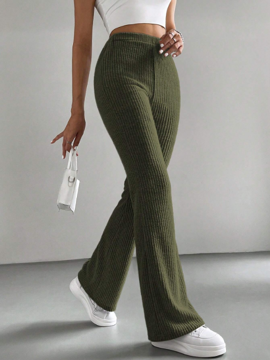 EZwear Women's Solid Color High Waist Wide-Leg Ribbed Pants