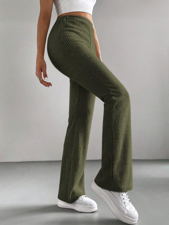 EZwear Women's Solid Color High Waist Wide-Leg Ribbed Pants