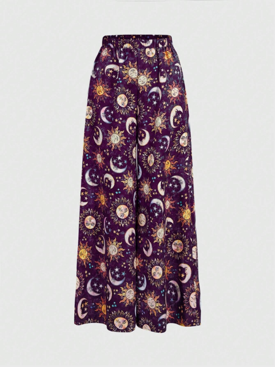 ROMWE Hippie Women's Wide Leg Pants With Sun, Moon And Face Print