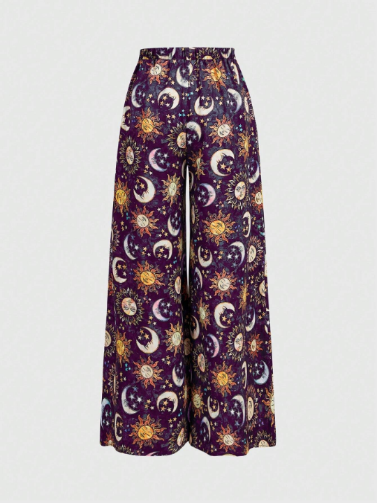 ROMWE Hippie Women's Wide Leg Pants With Sun, Moon And Face Print