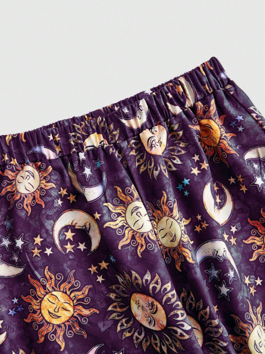 ROMWE Hippie Women's Wide Leg Pants With Sun, Moon And Face Print