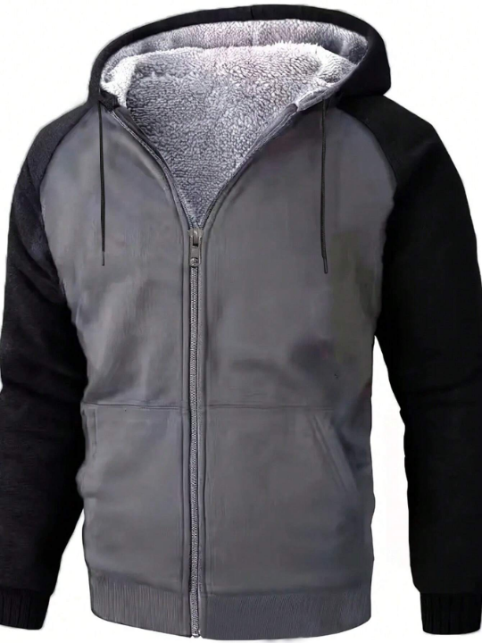 Manfinity Homme Loose Fit Men's Colorblocked Zippered Hooded Sweatshirt With Drawstring And Fleece Material