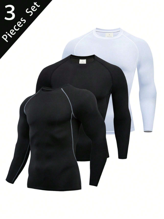 3pcs/Set Men's Sports Fitness Long Sleeve Quick Dry Breathable T-Shirt, Round Neck Basic Running Outdoor Workout Top Basic T-Shirt