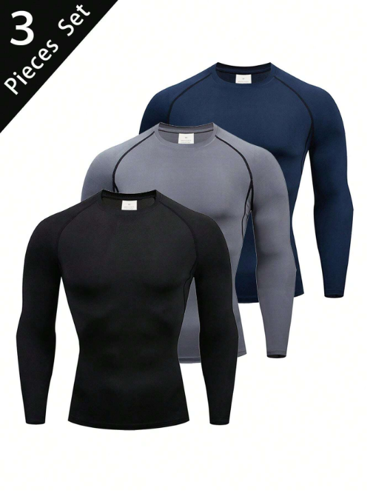 3pcs/Set Men's Spring/Autumn Fitness Compression Quick-Drying Breathable Long Sleeve Round Neck Sports T-Shirt Gym Clothes Men Basic T-Shirt