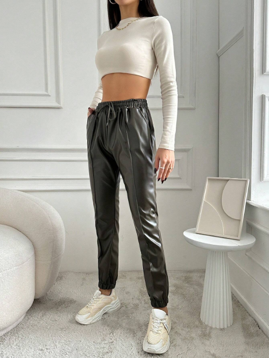 Slanted Pocket Pu Leather Pants