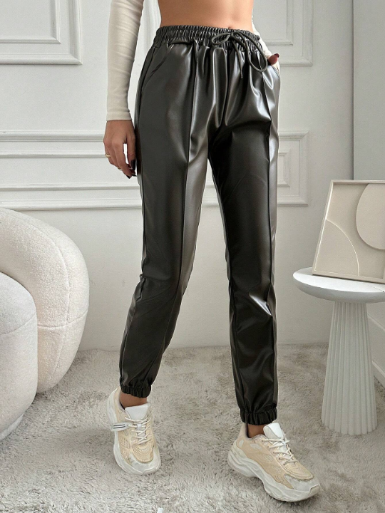 Slanted Pocket Pu Leather Pants