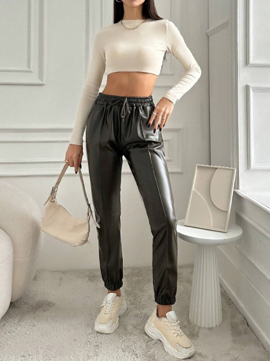 Slanted Pocket Pu Leather Pants