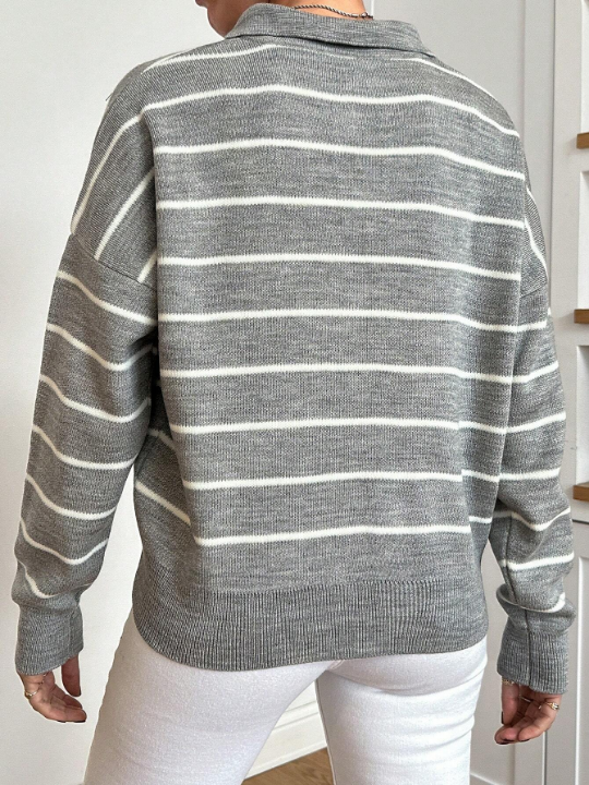 Women's Striped Drop Shoulder Sweater With Turn Down Collar