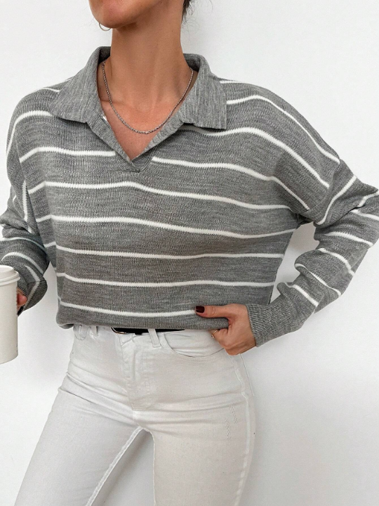 Women's Striped Drop Shoulder Sweater With Turn Down Collar