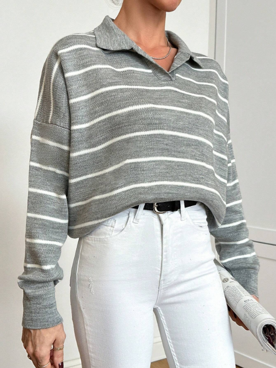 Women's Striped Drop Shoulder Sweater With Turn Down Collar