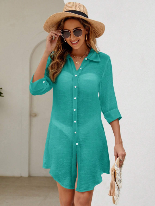 Swim Basics 1pc Rolled Sleeve Button Up Kimono