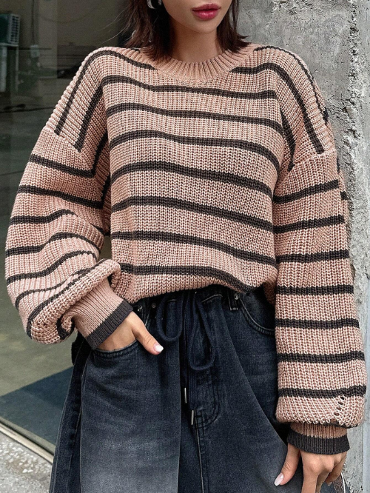 DAZY Round Neck Drop Shoulder Striped Sweater