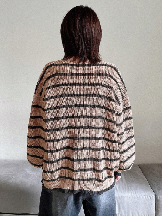 DAZY Round Neck Drop Shoulder Striped Sweater