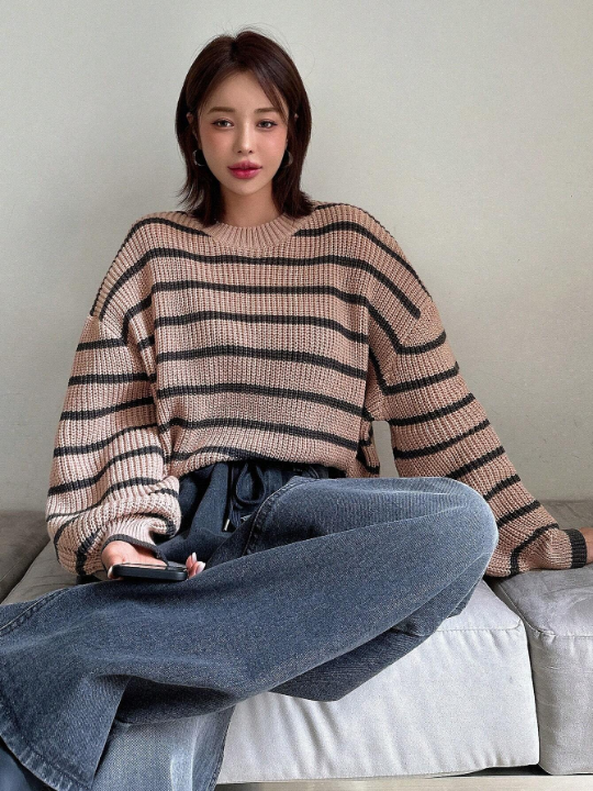 DAZY Round Neck Drop Shoulder Striped Sweater