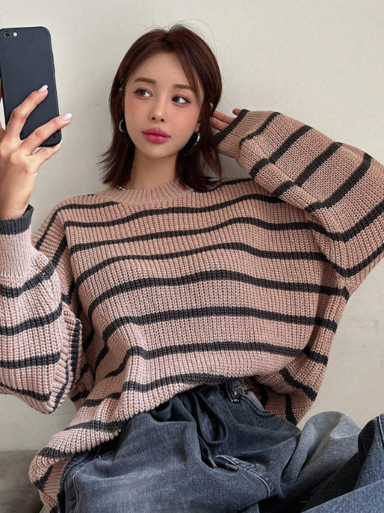 DAZY Round Neck Drop Shoulder Striped Sweater