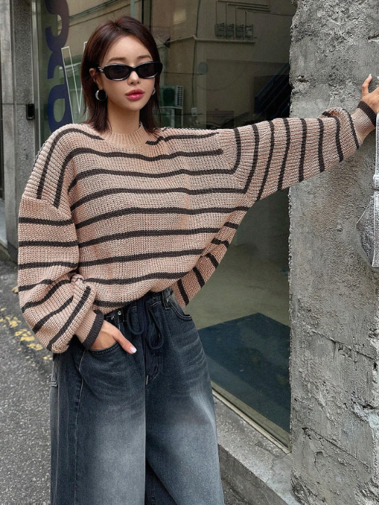 DAZY Round Neck Drop Shoulder Striped Sweater