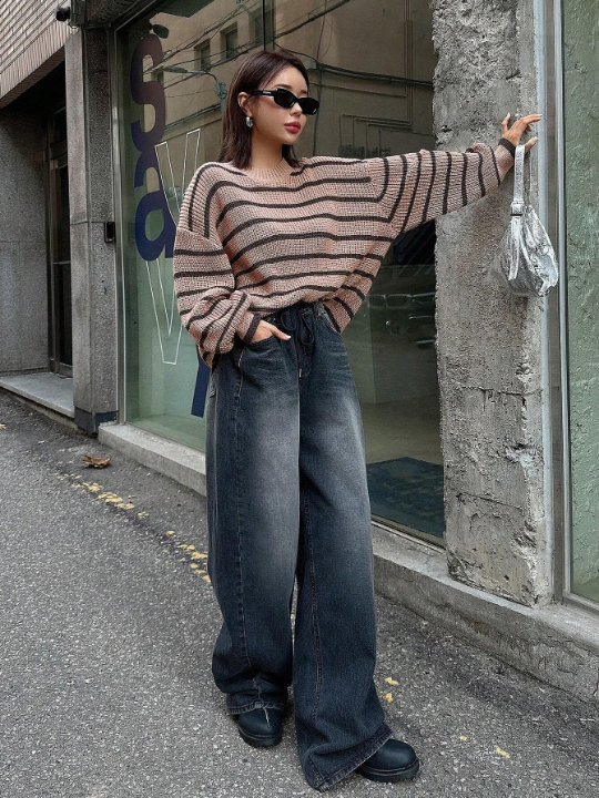 DAZY Round Neck Drop Shoulder Striped Sweater