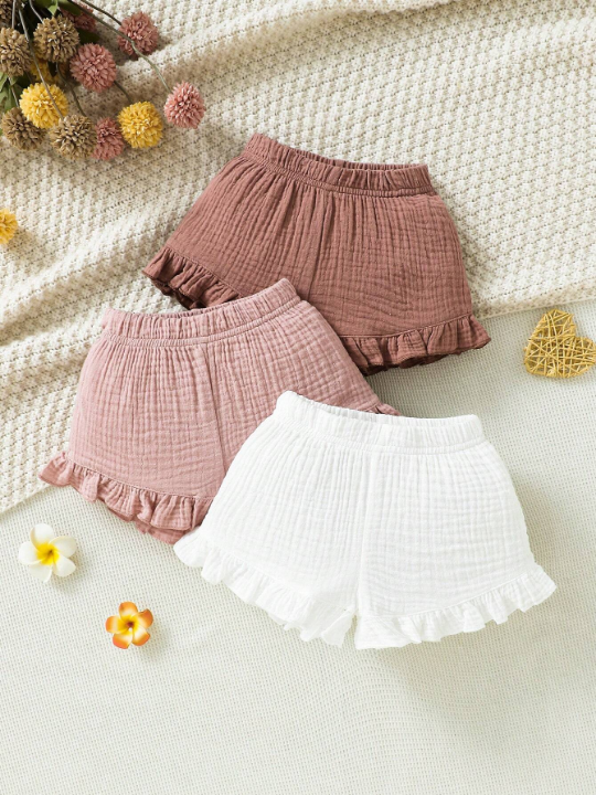 Three-Piece Set Of Ruffled Shorts For Baby Girls