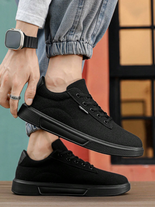 Men's Lace-Up Front Fashionable Versatile Casual Shoes, Classic All-Black Lightweight Comfortable Sneakers With Minimalist Style And Solid Color For Running