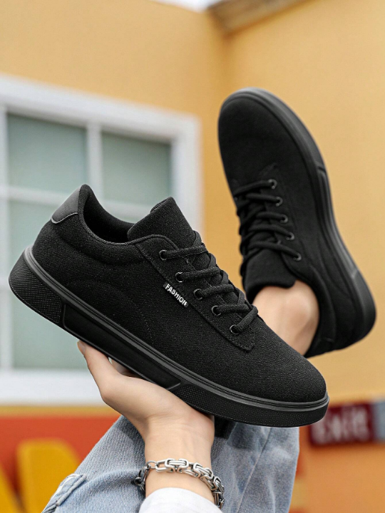 Men's Lace-Up Front Fashionable Versatile Casual Shoes, Classic All-Black Lightweight Comfortable Sneakers With Minimalist Style And Solid Color For Running