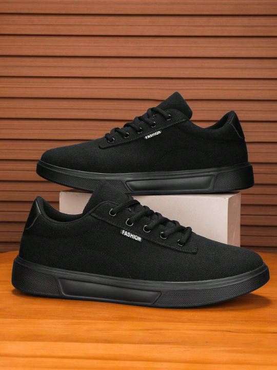 Men's Lace-Up Front Fashionable Versatile Casual Shoes, Classic All-Black Lightweight Comfortable Sneakers With Minimalist Style And Solid Color For Running